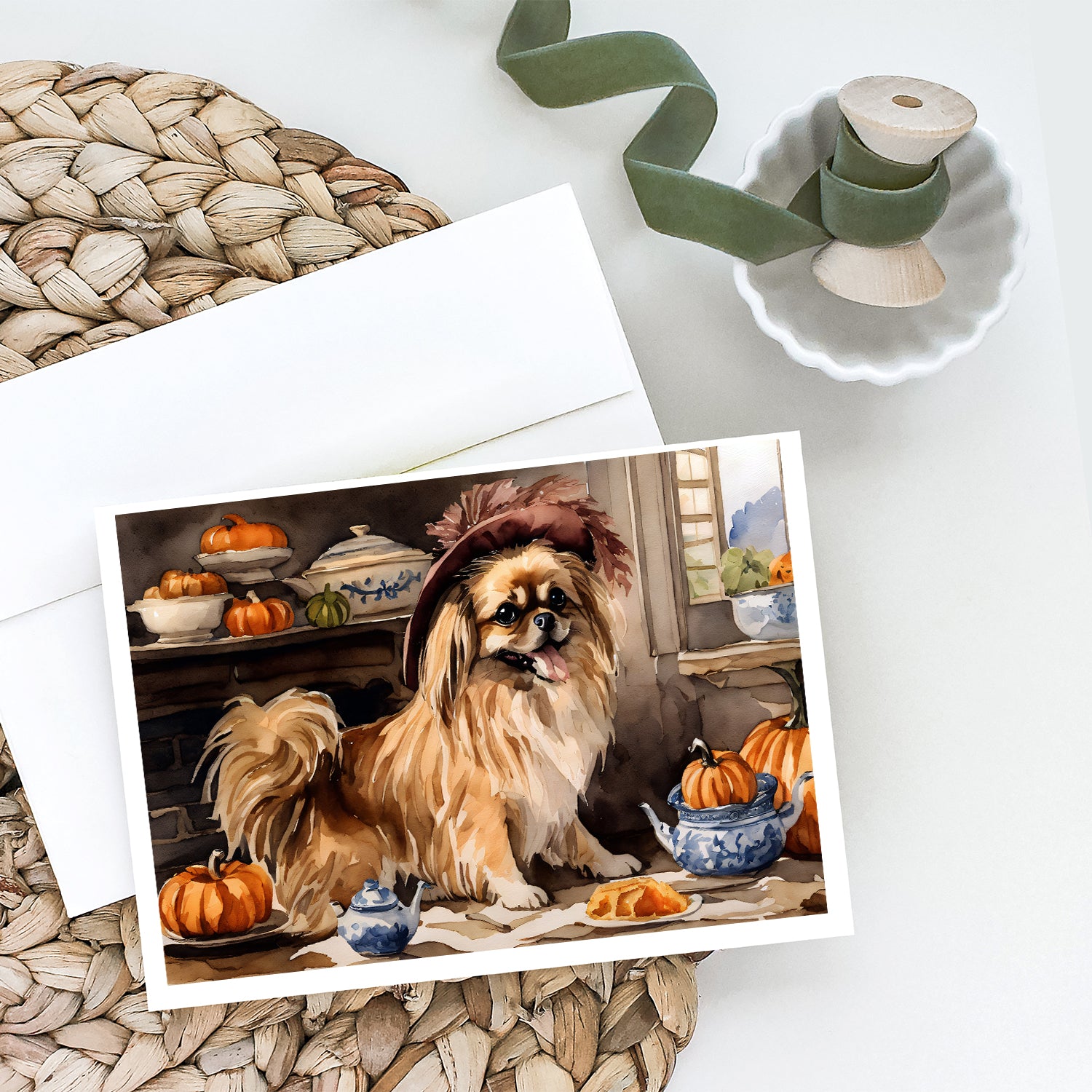 Tibetan Spaniel Fall Kitchen Pumpkins Greeting Cards and Envelopes Pack of 8