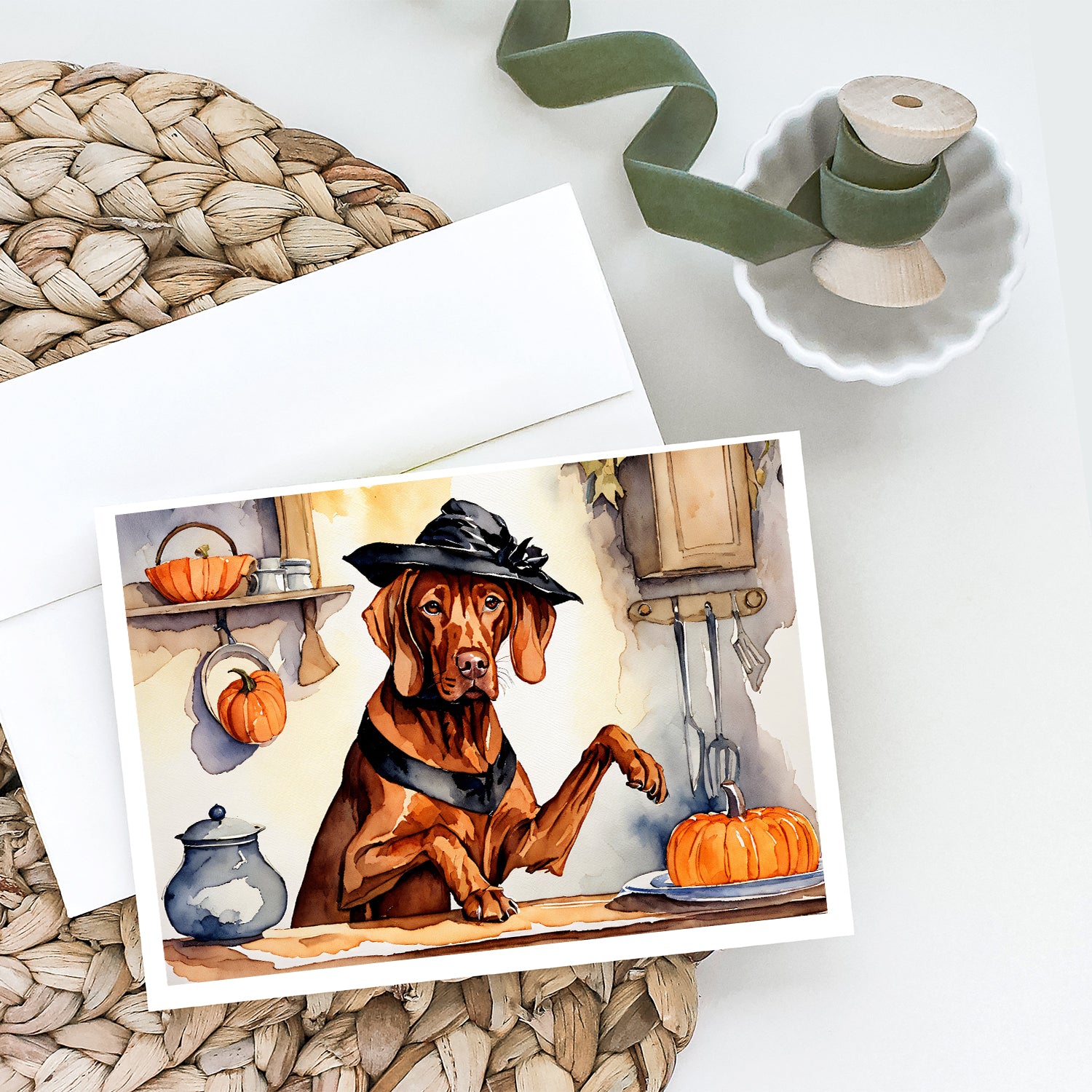 Vizsla Fall Kitchen Pumpkins Greeting Cards and Envelopes Pack of 8