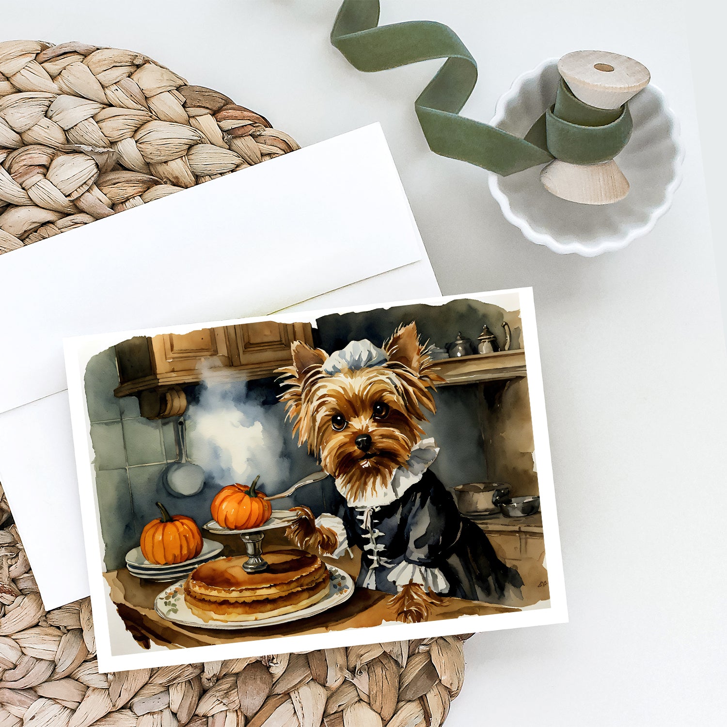 Buy this Yorkie Fall Kitchen Pumpkins Greeting Cards and Envelopes Pack of 8