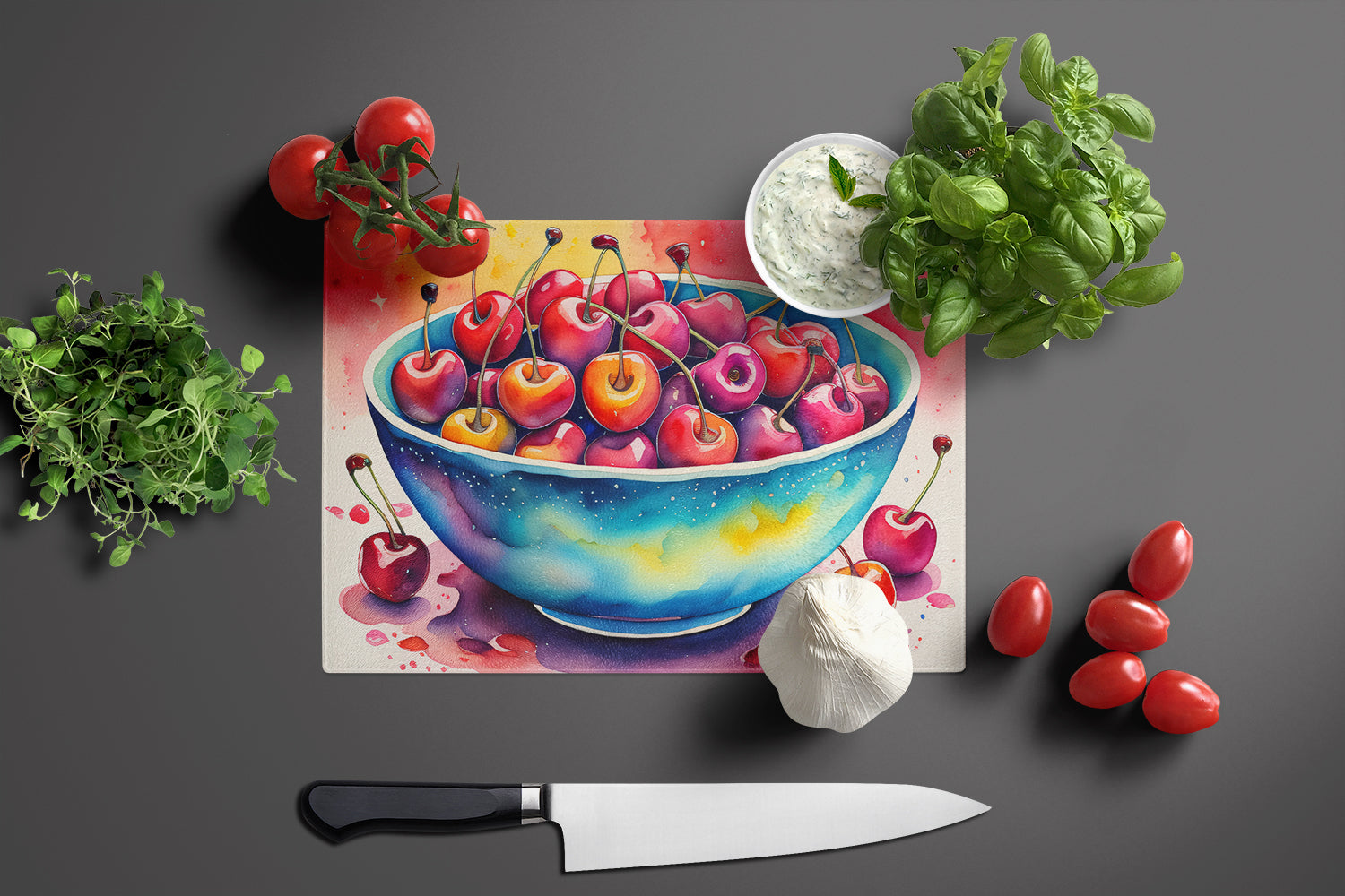 Colorful Cherries Glass Cutting Board Large