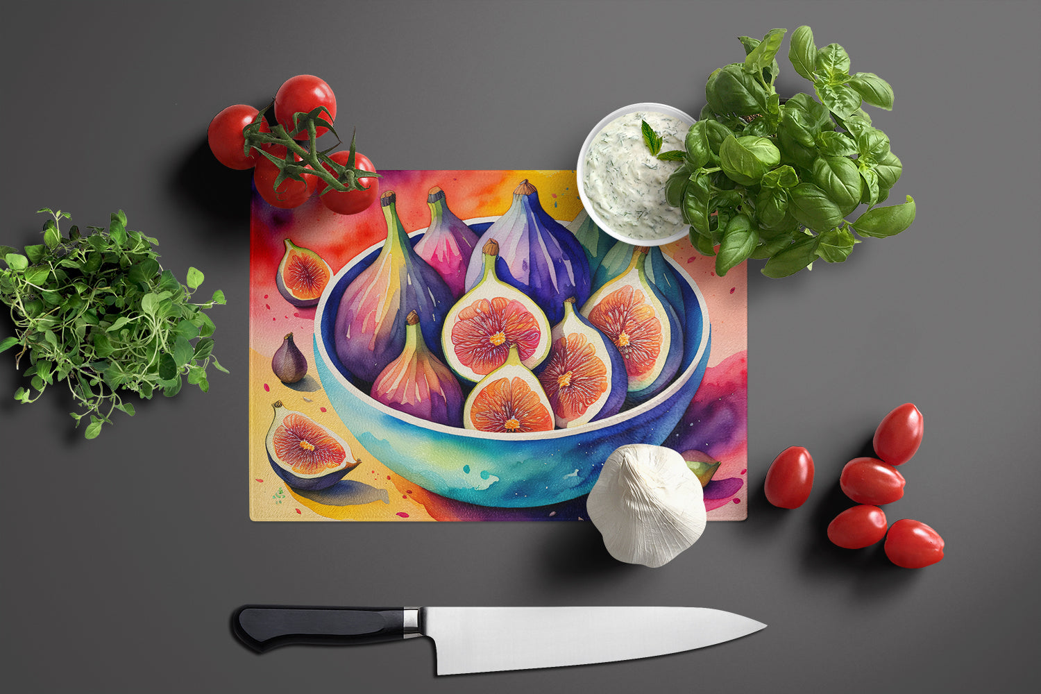 Colorful Figs Glass Cutting Board Large