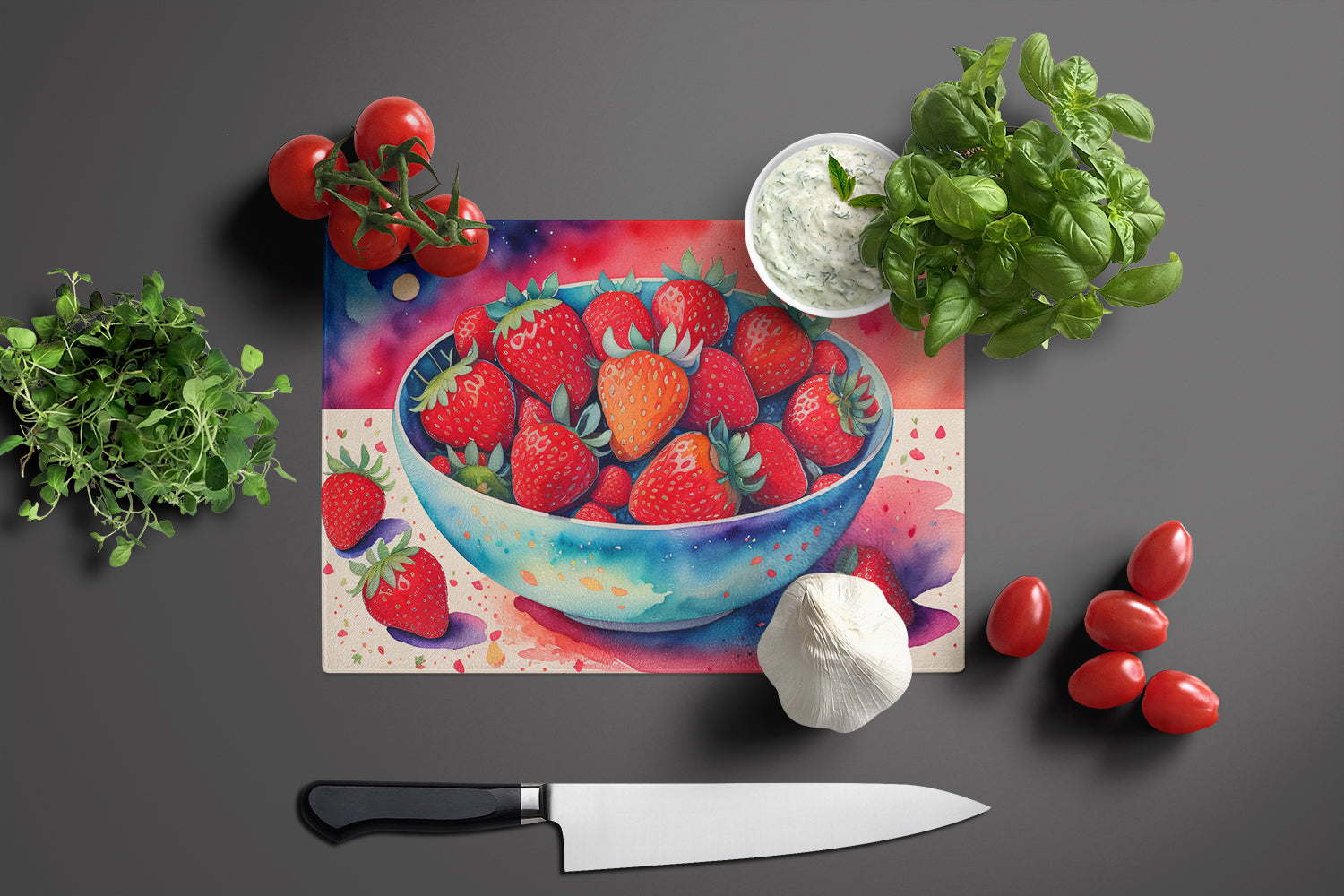 Colorful Strawberries Glass Cutting Board Large