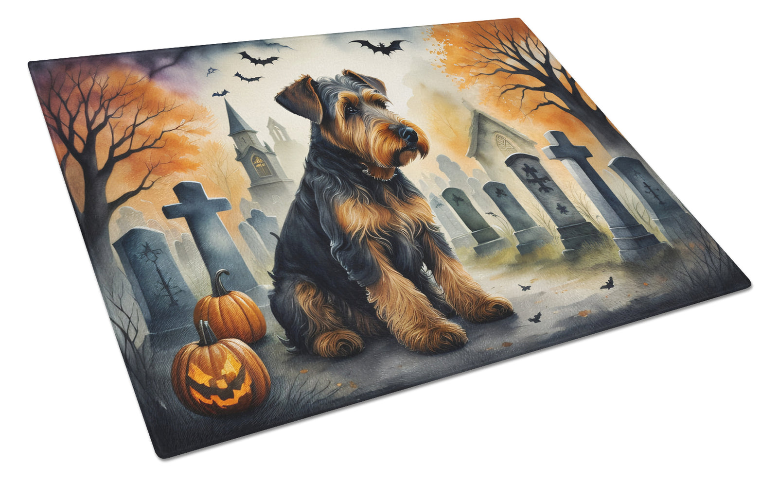 Buy this Airedale Terrier Spooky Halloween Glass Cutting Board Large