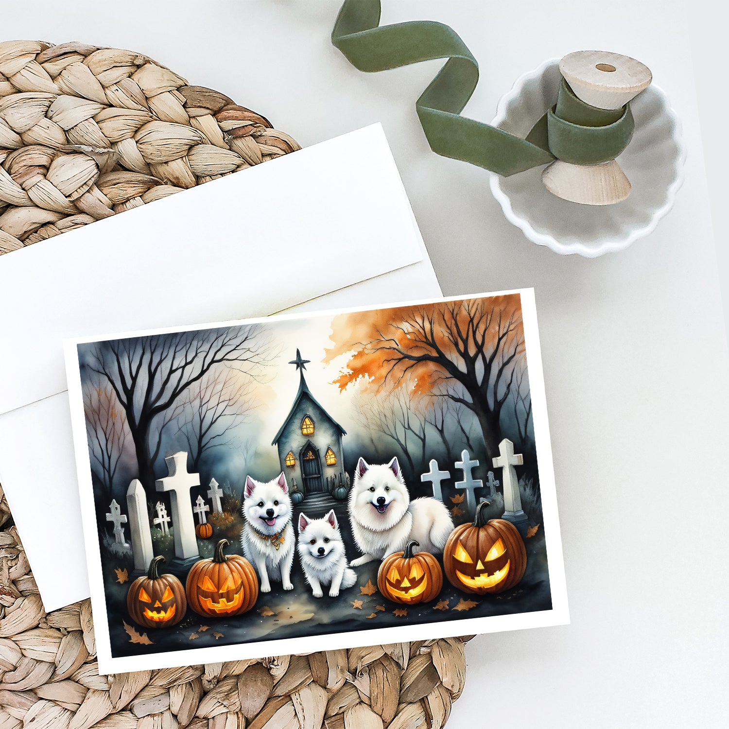 Buy this American Eskimo Spooky Halloween Greeting Cards and Envelopes Pack of 8