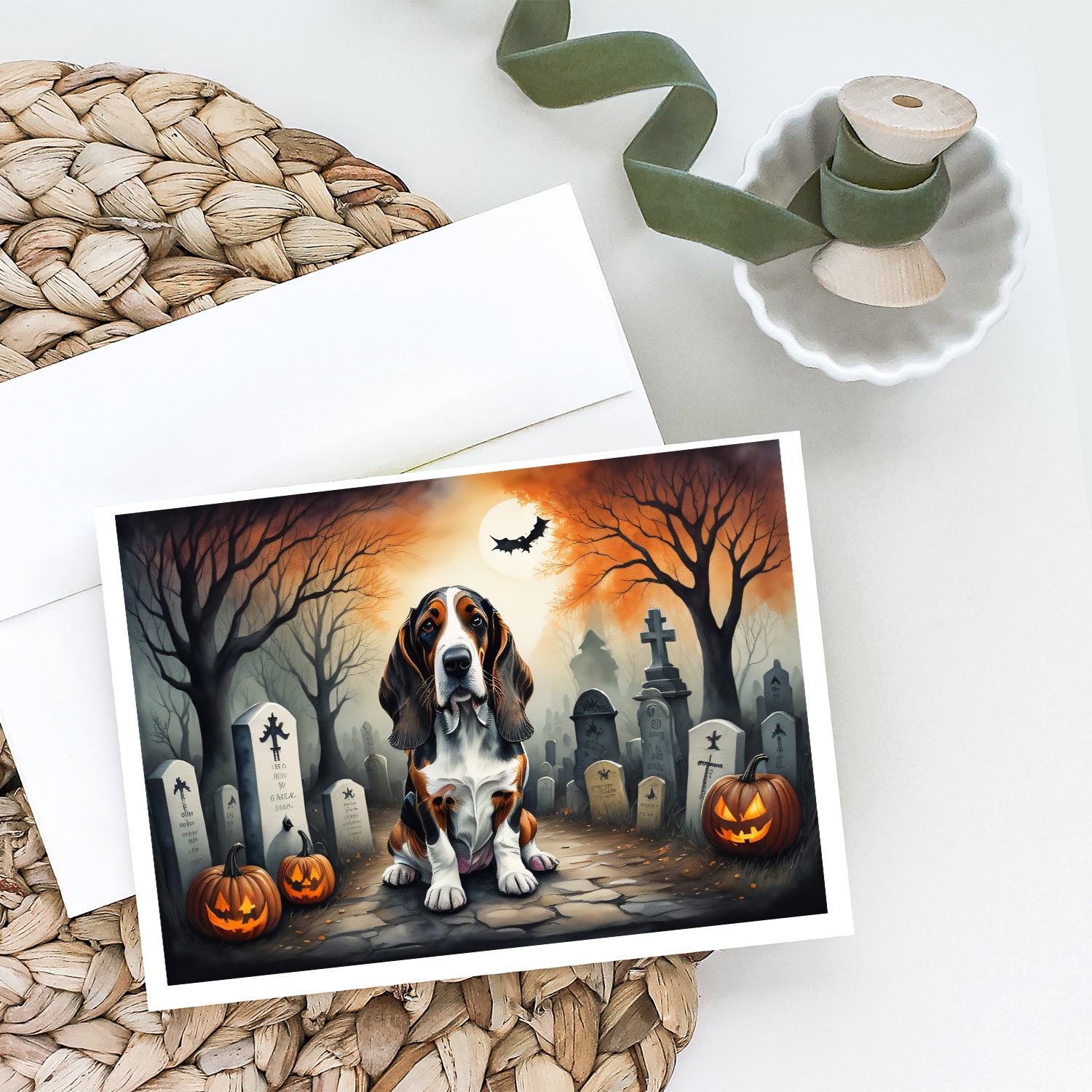 Buy this Basset Hound Spooky Halloween Greeting Cards and Envelopes Pack of 8