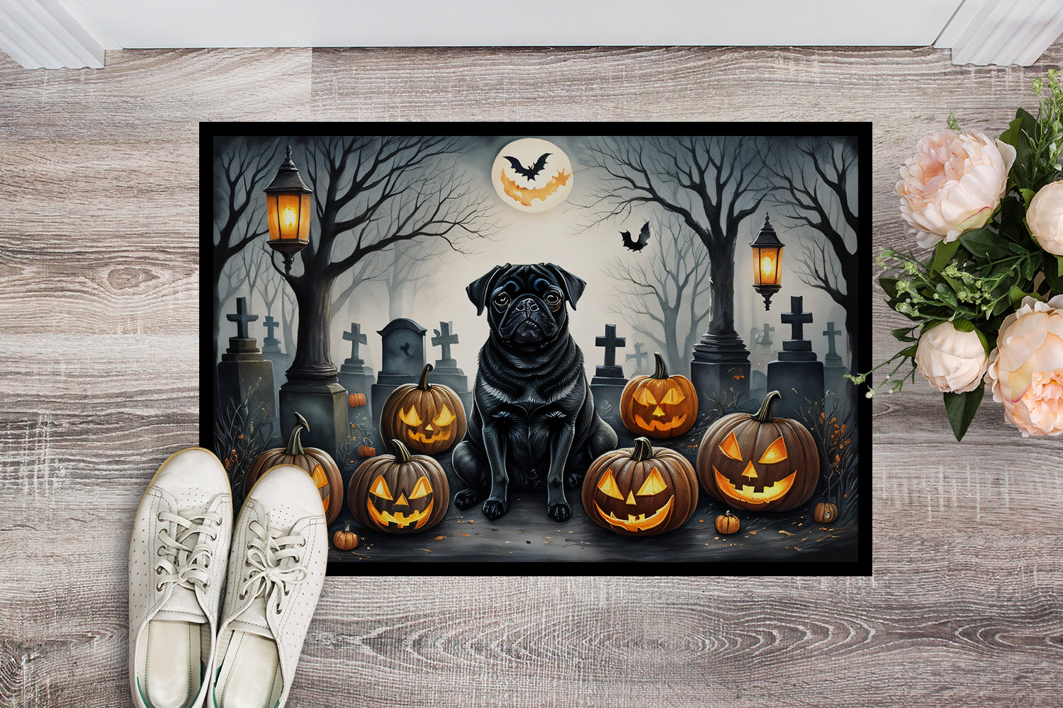 Buy this Black Pug Spooky Halloween Doormat 18x27