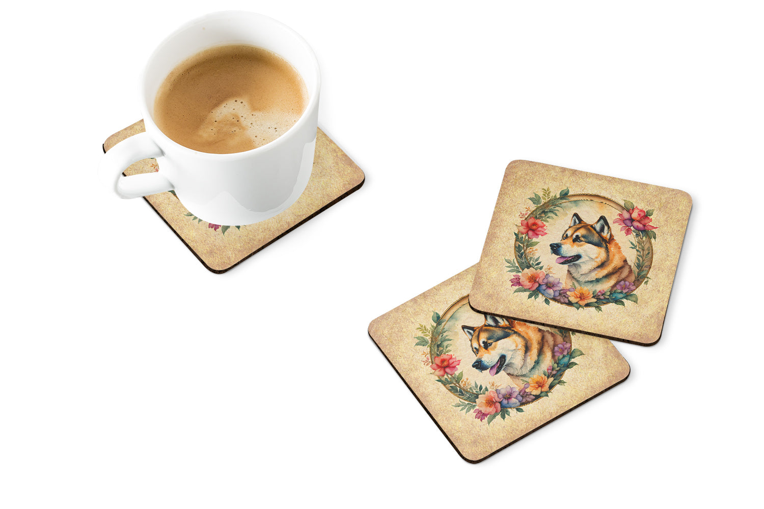 Buy this Akita and Flowers Foam Coasters