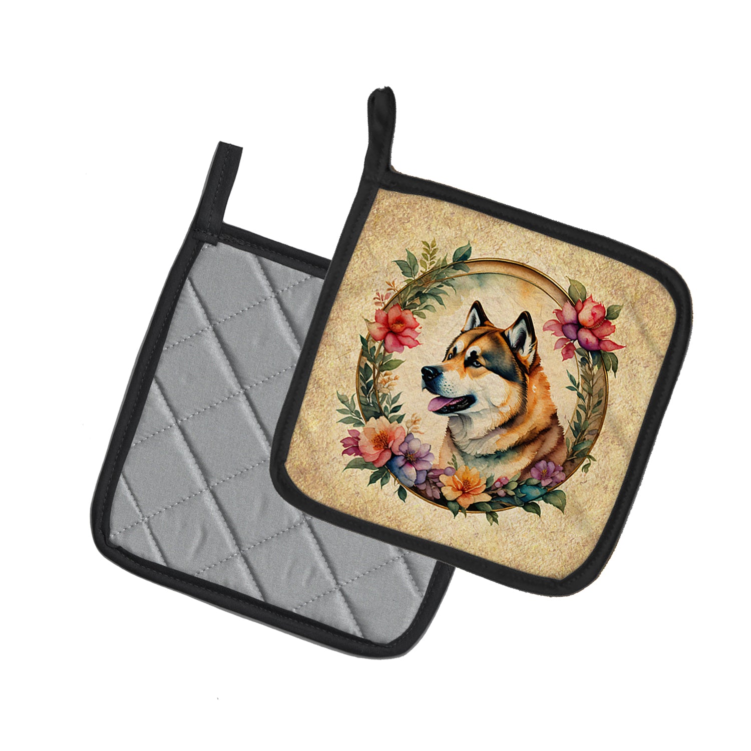 Buy this Akita and Flowers Pair of Pot Holders