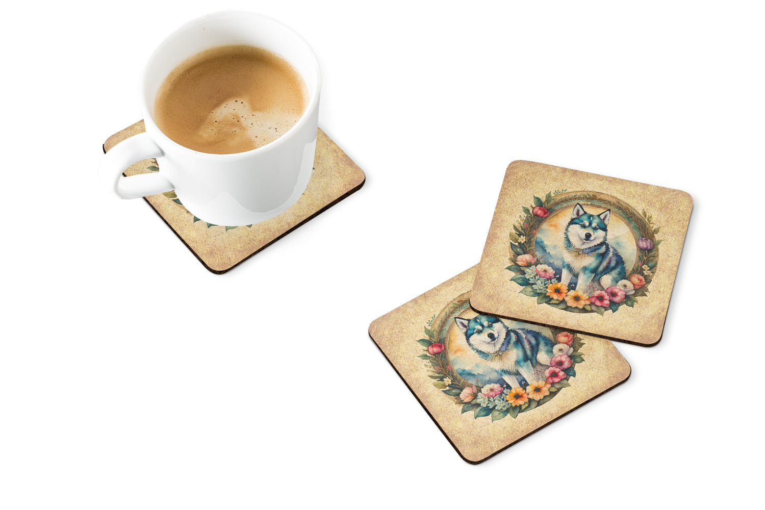 Buy this Alaskan Klee Kai and Flowers Foam Coasters