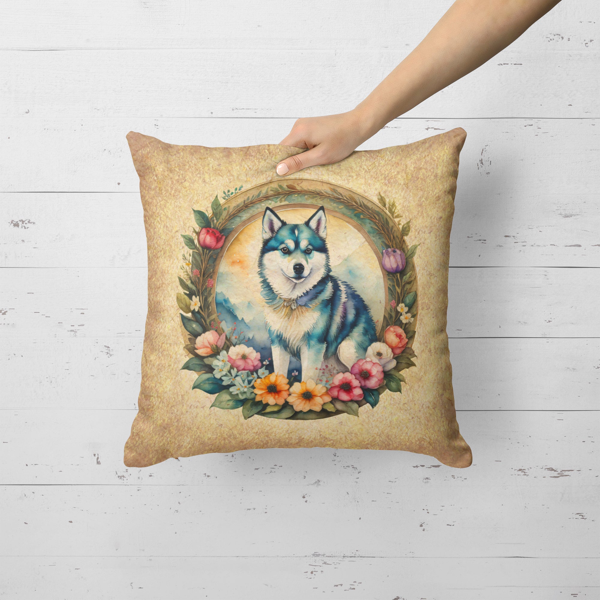 Buy this Alaskan Klee Kai and Flowers Fabric Decorative Pillow