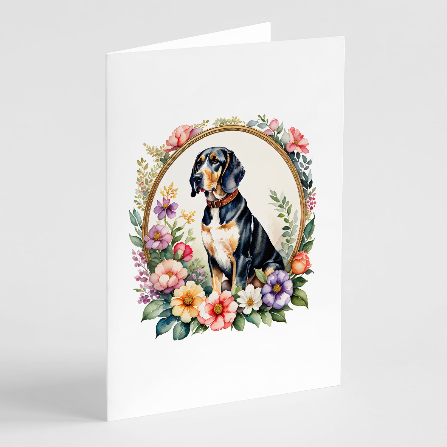 Buy this American English Coonhound and Flowers Greeting Cards and Envelopes Pack of 8