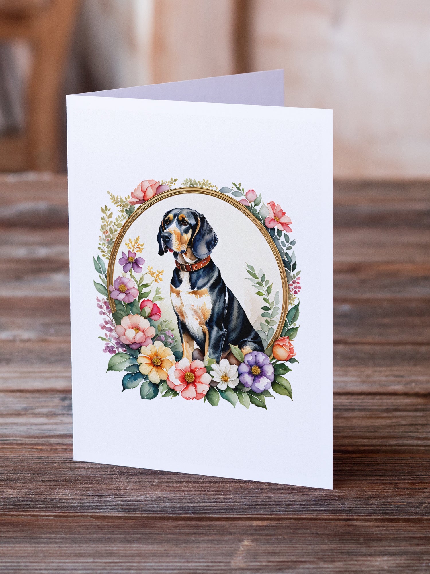 Buy this American English Coonhound and Flowers Greeting Cards and Envelopes Pack of 8