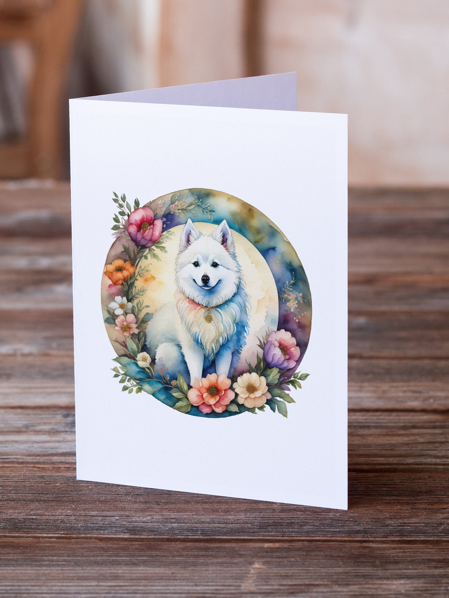 American Eskimo and Flowers Greeting Cards and Envelopes Pack of 8