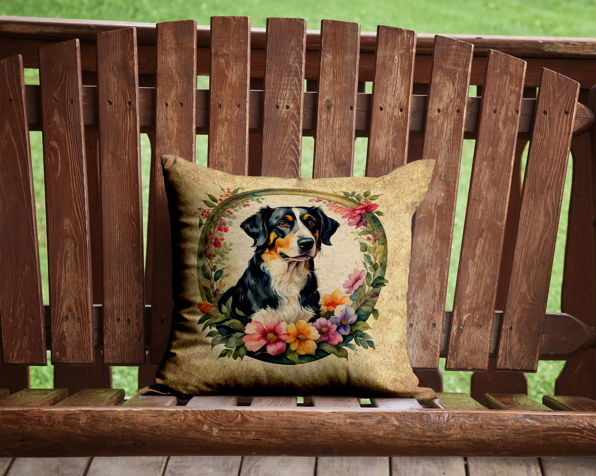 Appenzeller Sennenhund and Flowers Fabric Decorative Pillow