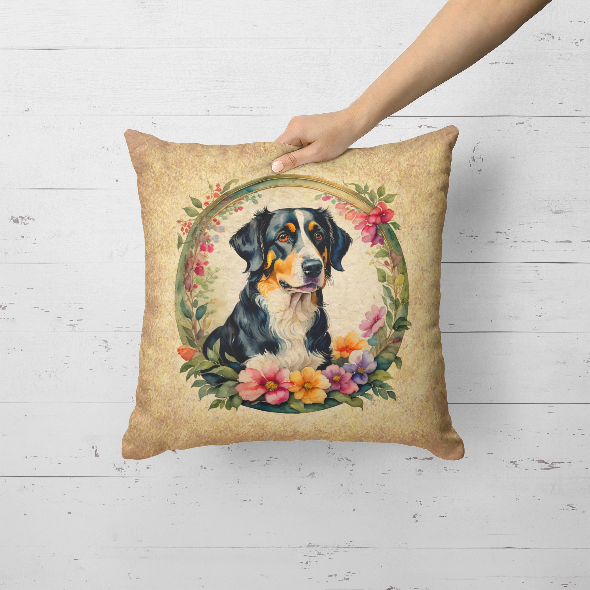 Buy this Appenzeller Sennenhund and Flowers Fabric Decorative Pillow