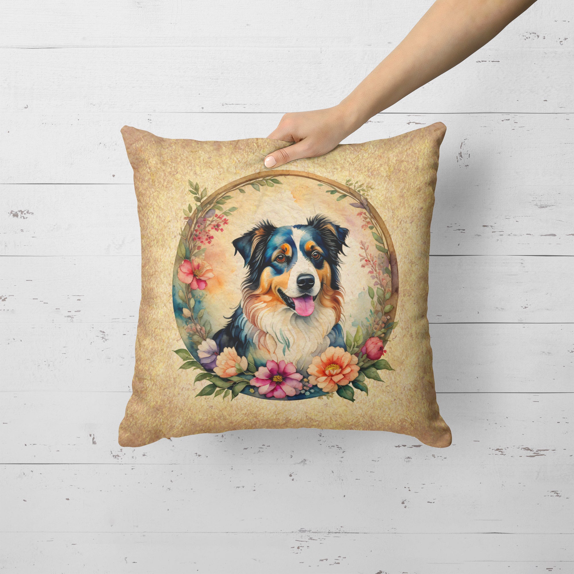 Buy this Australian Shepherd and Flowers Fabric Decorative Pillow
