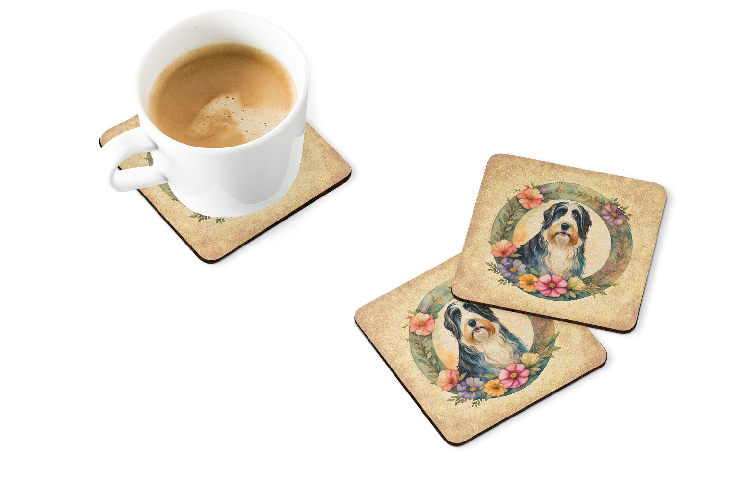 Buy this Bearded Collie and Flowers Foam Coasters