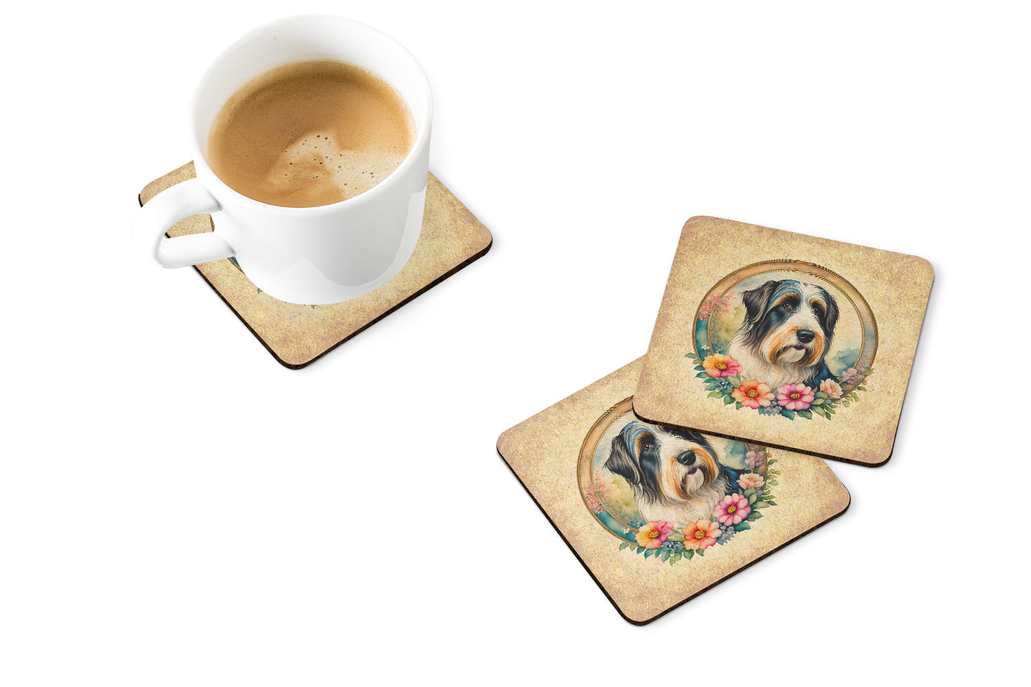 Buy this Bearded Collie and Flowers Foam Coasters
