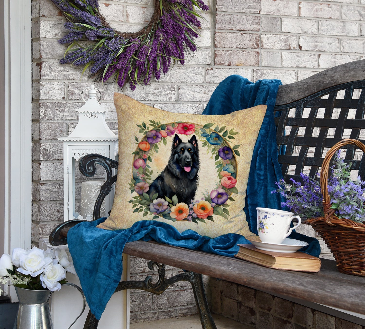 Belgian Sheepdog and Flowers Fabric Decorative Pillow