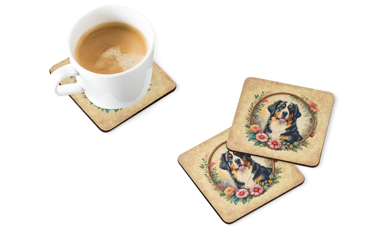 Buy this Bernese Mountain Dog and Flowers Foam Coasters