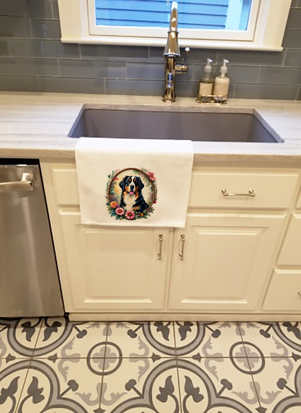 Buy this Bernese Mountain Dog and Flowers Kitchen Towel Set of 2