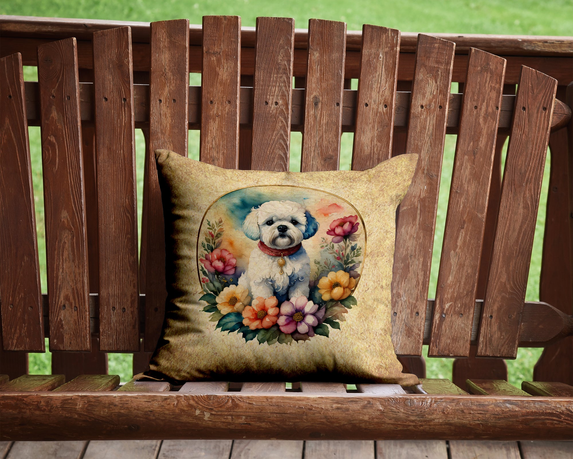 Buy this Bichon Frise and Flowers Fabric Decorative Pillow