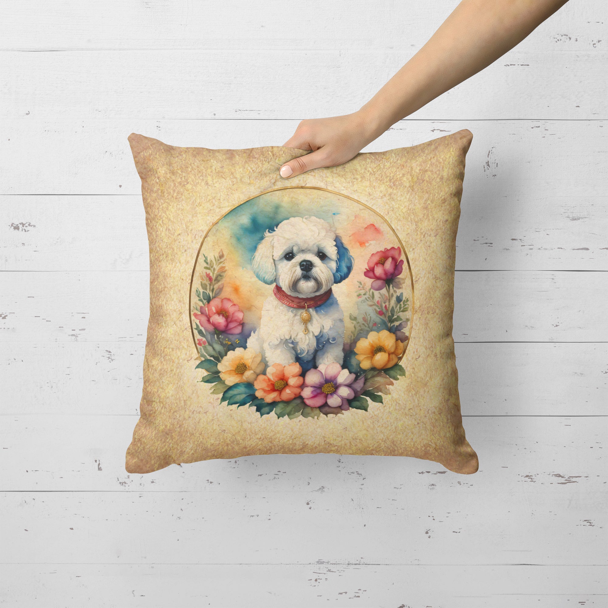 Buy this Bichon Frise and Flowers Fabric Decorative Pillow