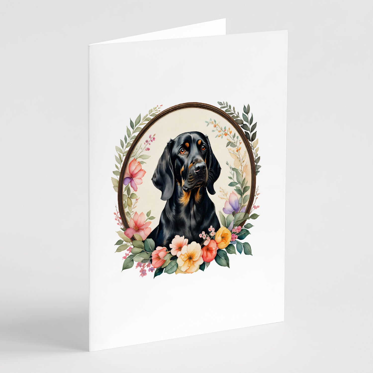 Buy this Black and Tan Coonhound and Flowers Greeting Cards and Envelopes Pack of 8