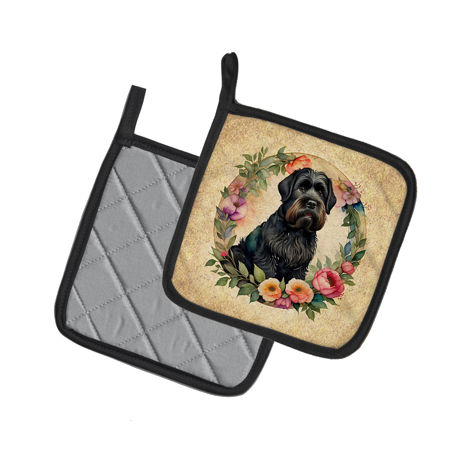 Buy this Black Russian Terrier and Flowers Pair of Pot Holders