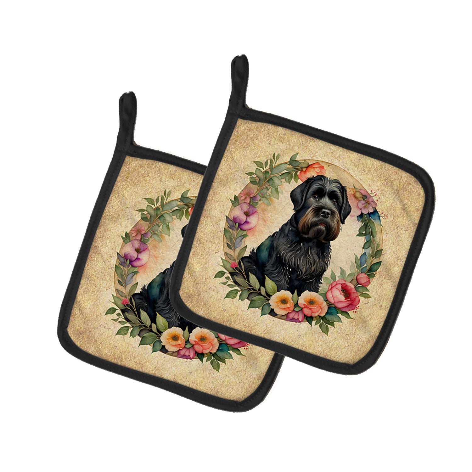 Buy this Black Russian Terrier and Flowers Pair of Pot Holders