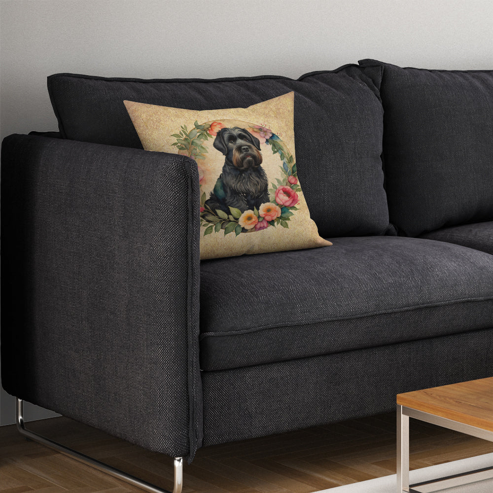 Black Russian Terrier and Flowers Fabric Decorative Pillow