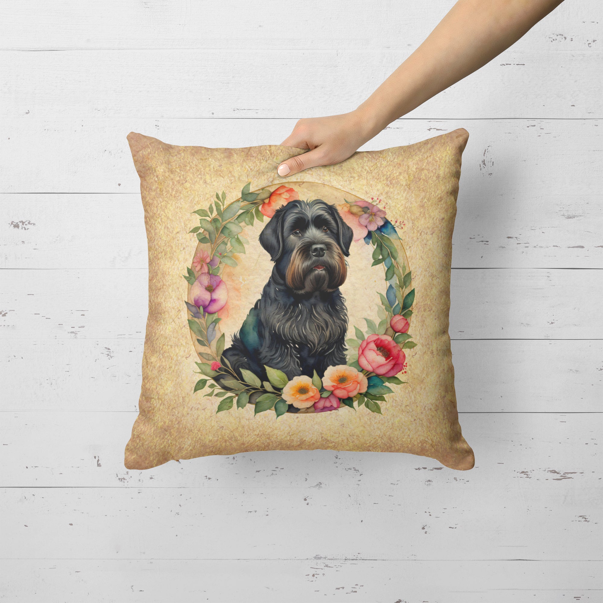 Buy this Black Russian Terrier and Flowers Fabric Decorative Pillow