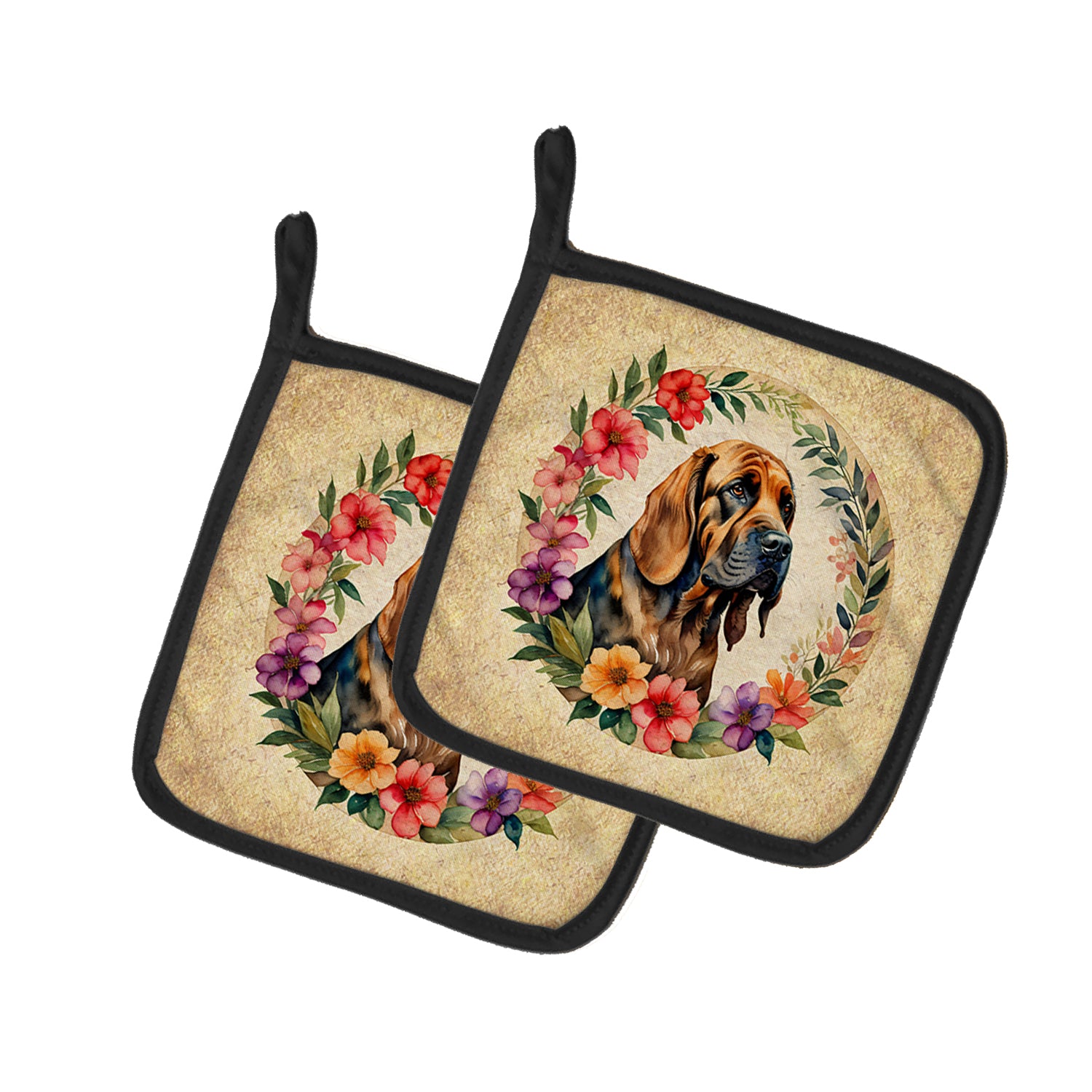 Buy this Bloodhound and Flowers Pair of Pot Holders