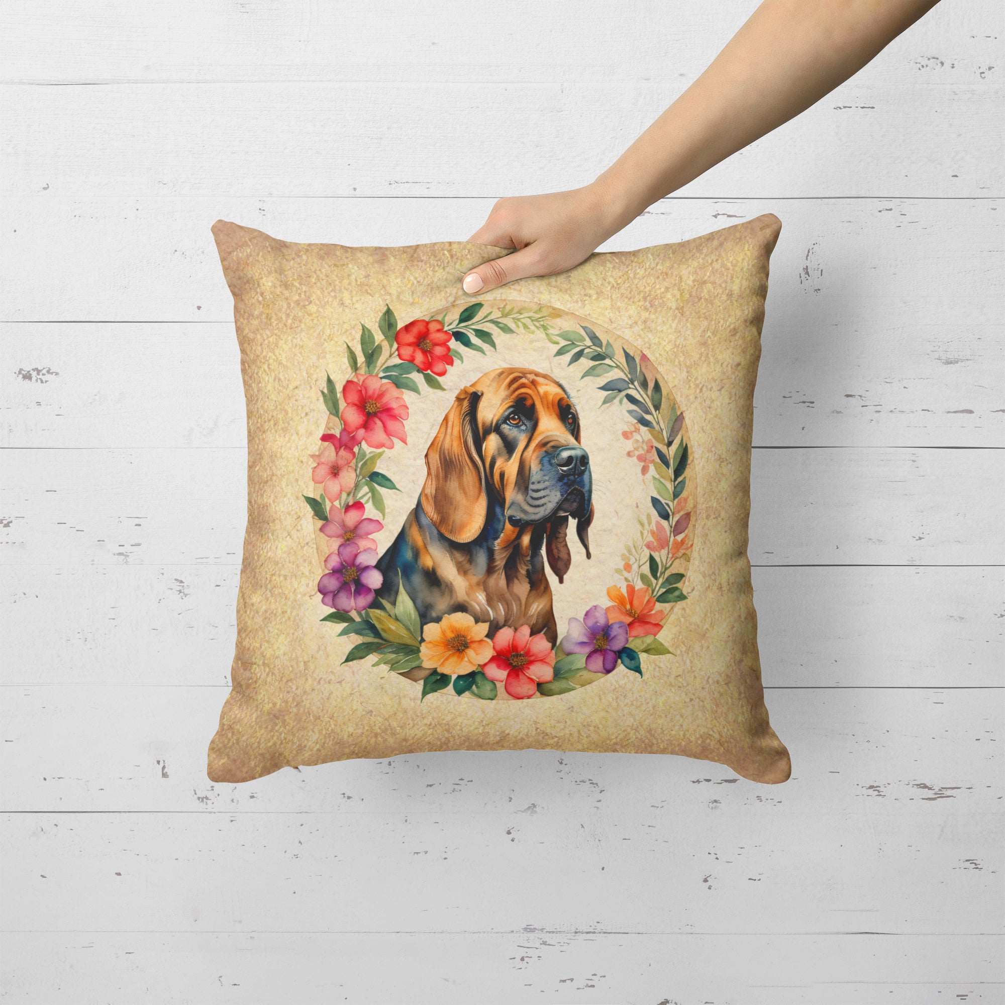 Buy this Bloodhound and Flowers Fabric Decorative Pillow
