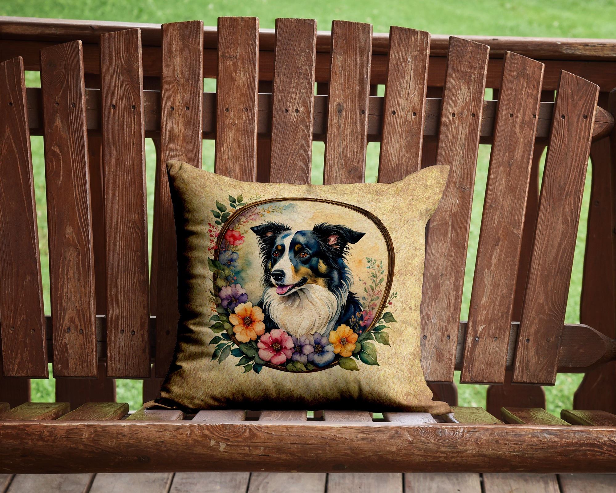 Buy this Border Collie and Flowers Fabric Decorative Pillow
