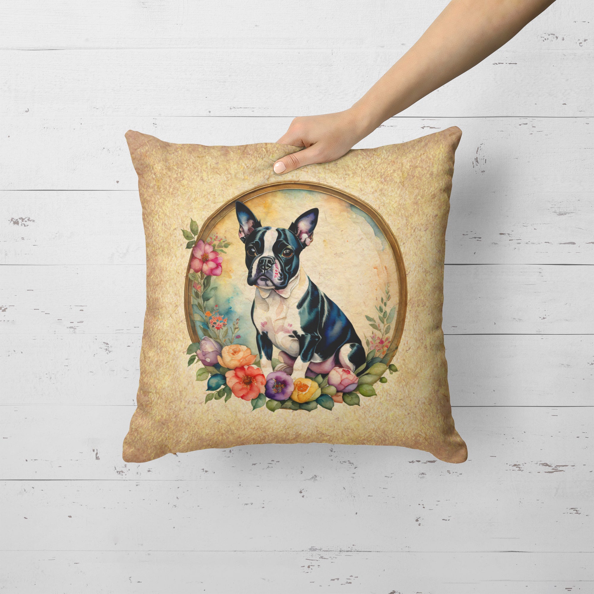 Buy this Boston Terrier and Flowers Fabric Decorative Pillow