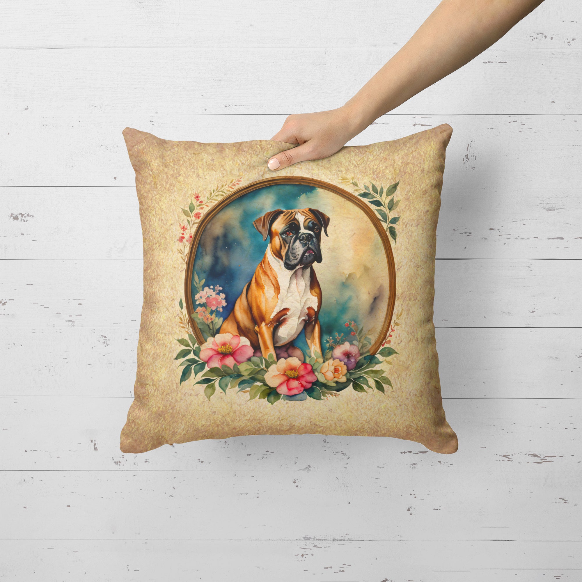 Buy this Boxer and Flowers Fabric Decorative Pillow