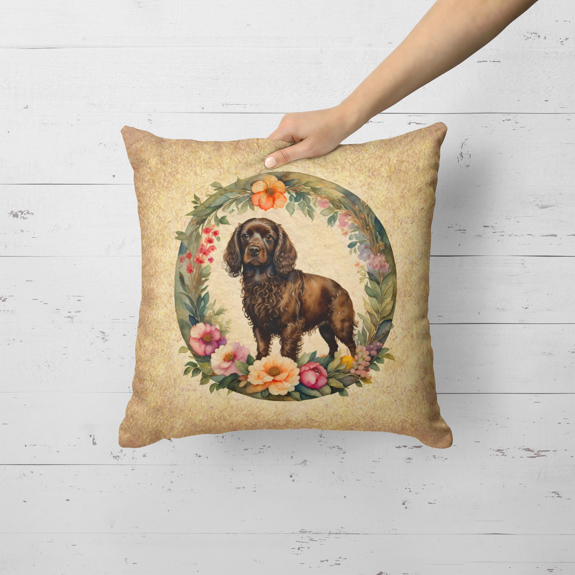 Buy this Boykin Spaniel and Flowers Fabric Decorative Pillow