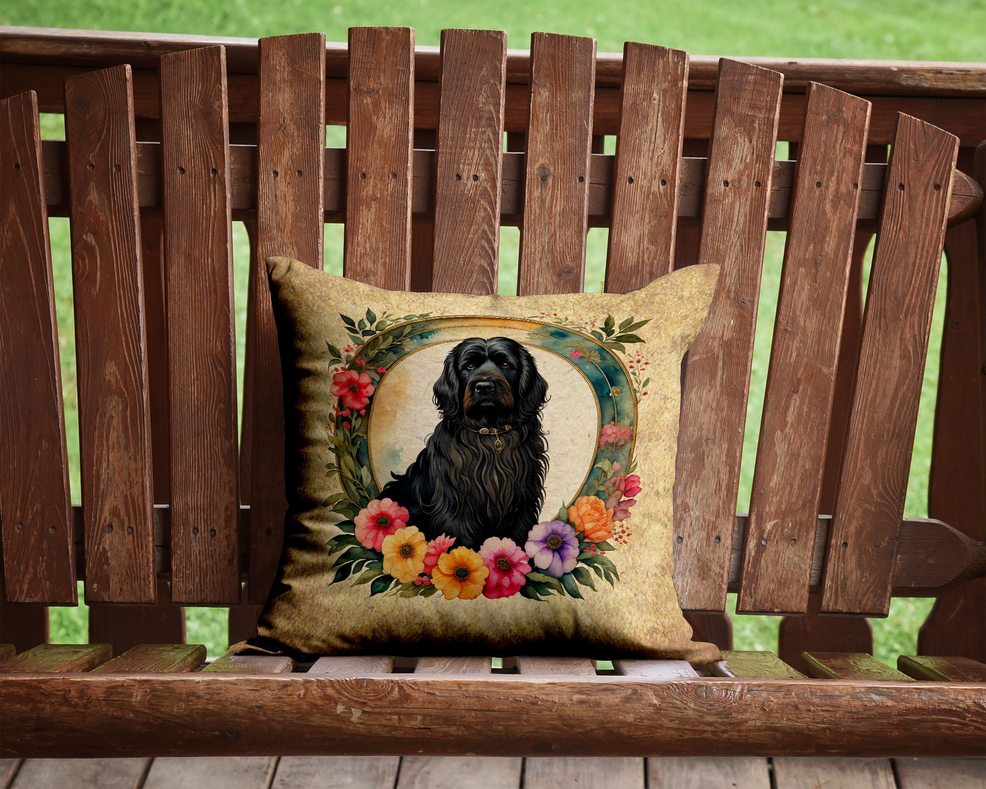 Briard and Flowers Fabric Decorative Pillow