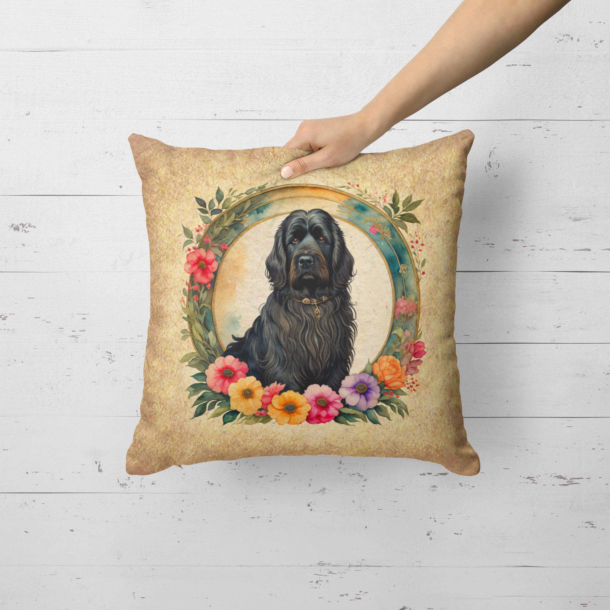 Briard and Flowers Fabric Decorative Pillow