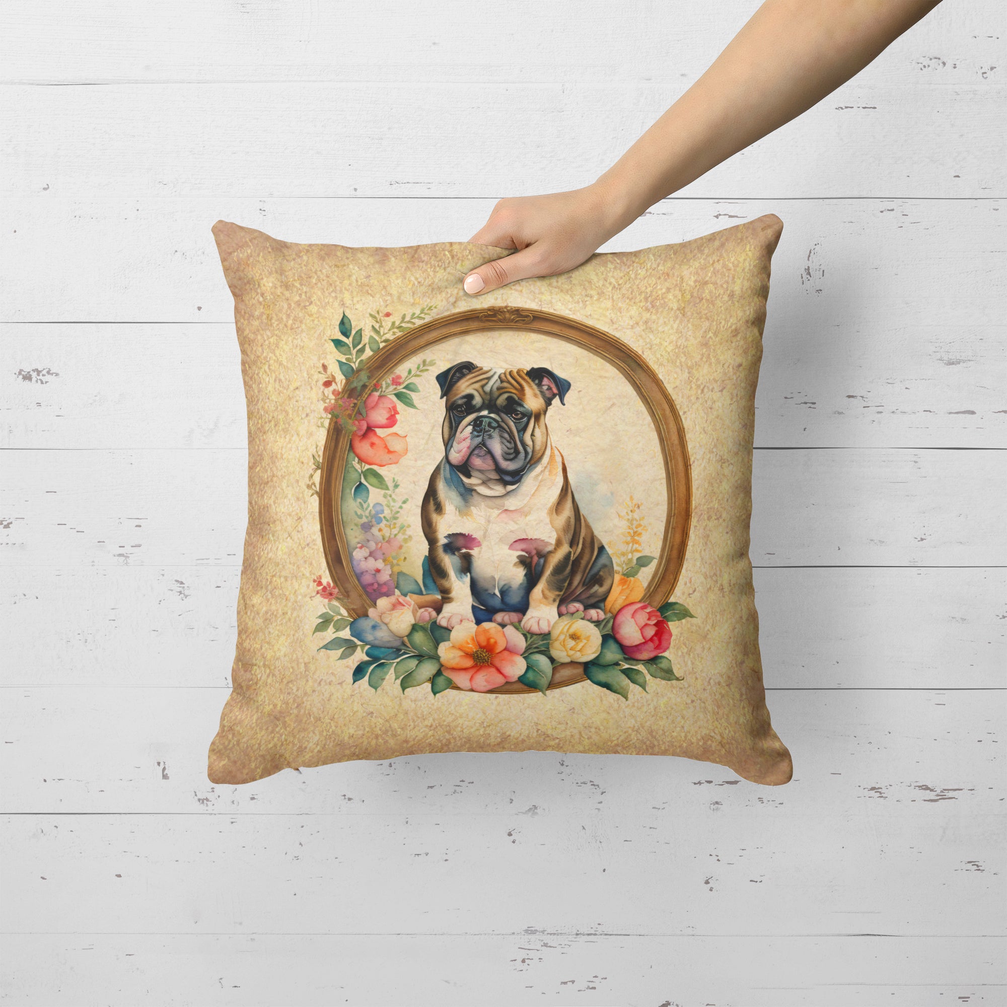 Buy this English Bulldog and Flowers Fabric Decorative Pillow