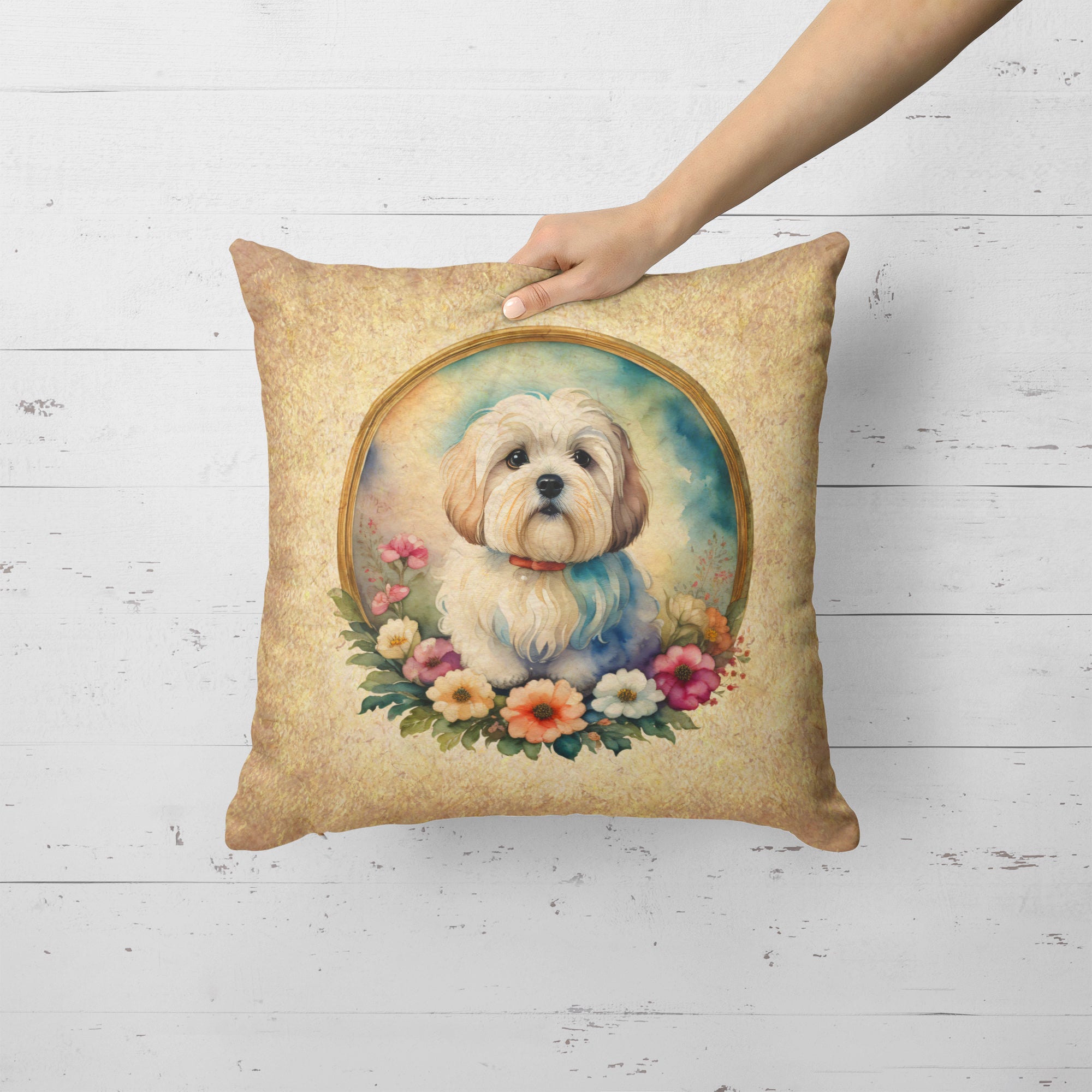 Buy this Coton De Tulear and Flowers Fabric Decorative Pillow