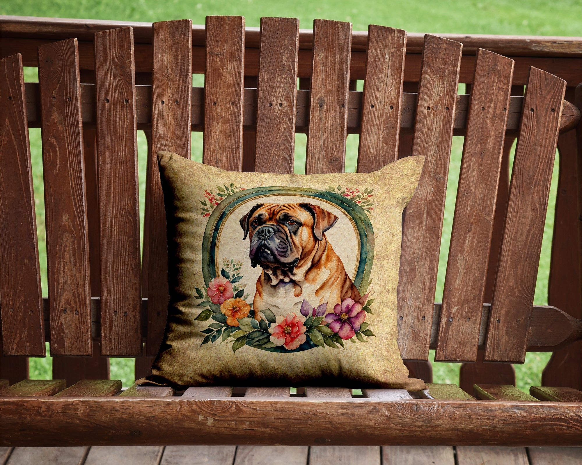 Buy this Dogue de Bordeaux and Flowers Fabric Decorative Pillow
