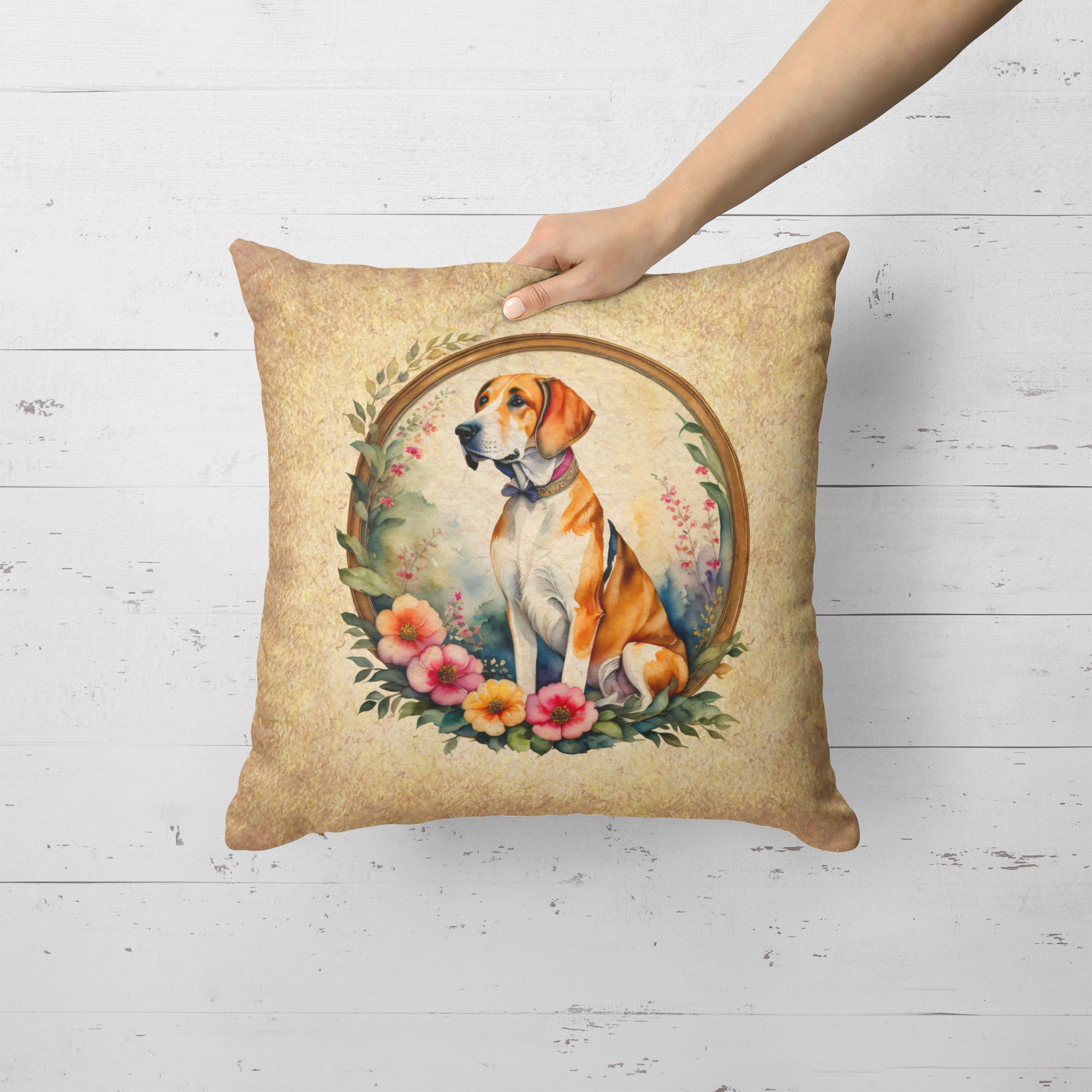 Buy this English Foxhound and Flowers Fabric Decorative Pillow