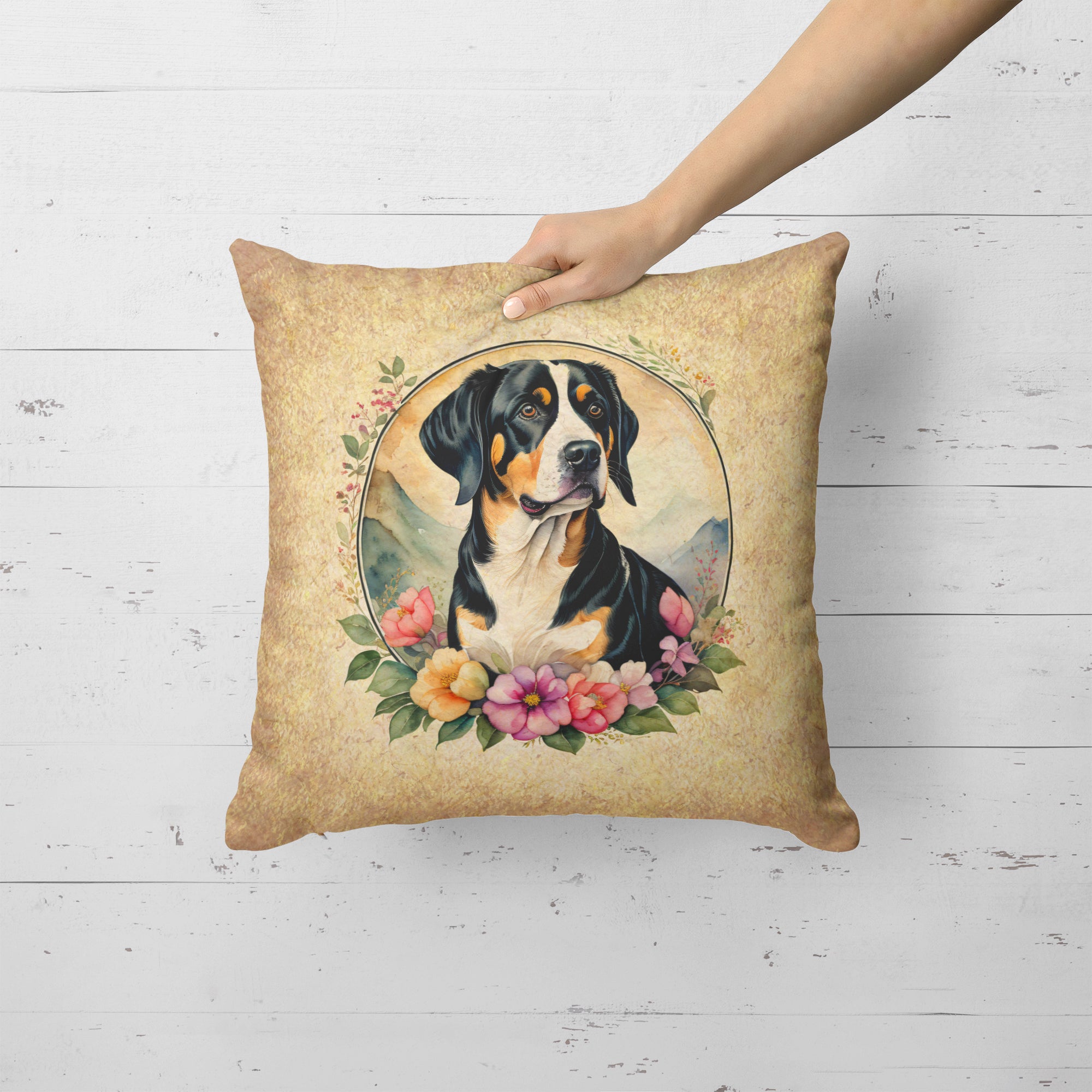 Buy this Entlebucher Mountain Dog and Flowers Fabric Decorative Pillow