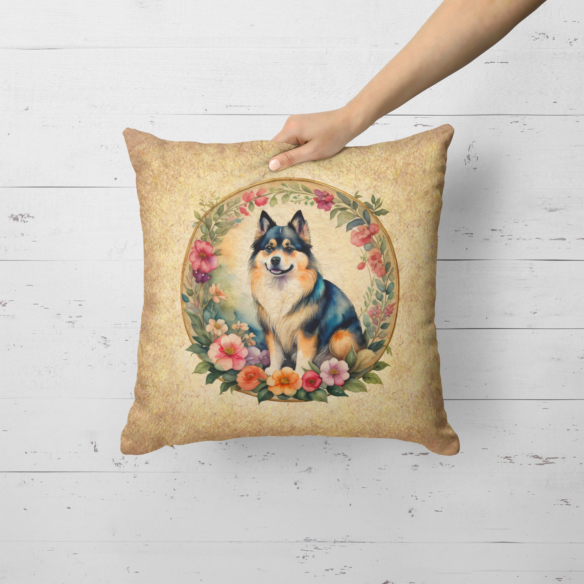 Buy this Finnish Lapphund and Flowers Fabric Decorative Pillow