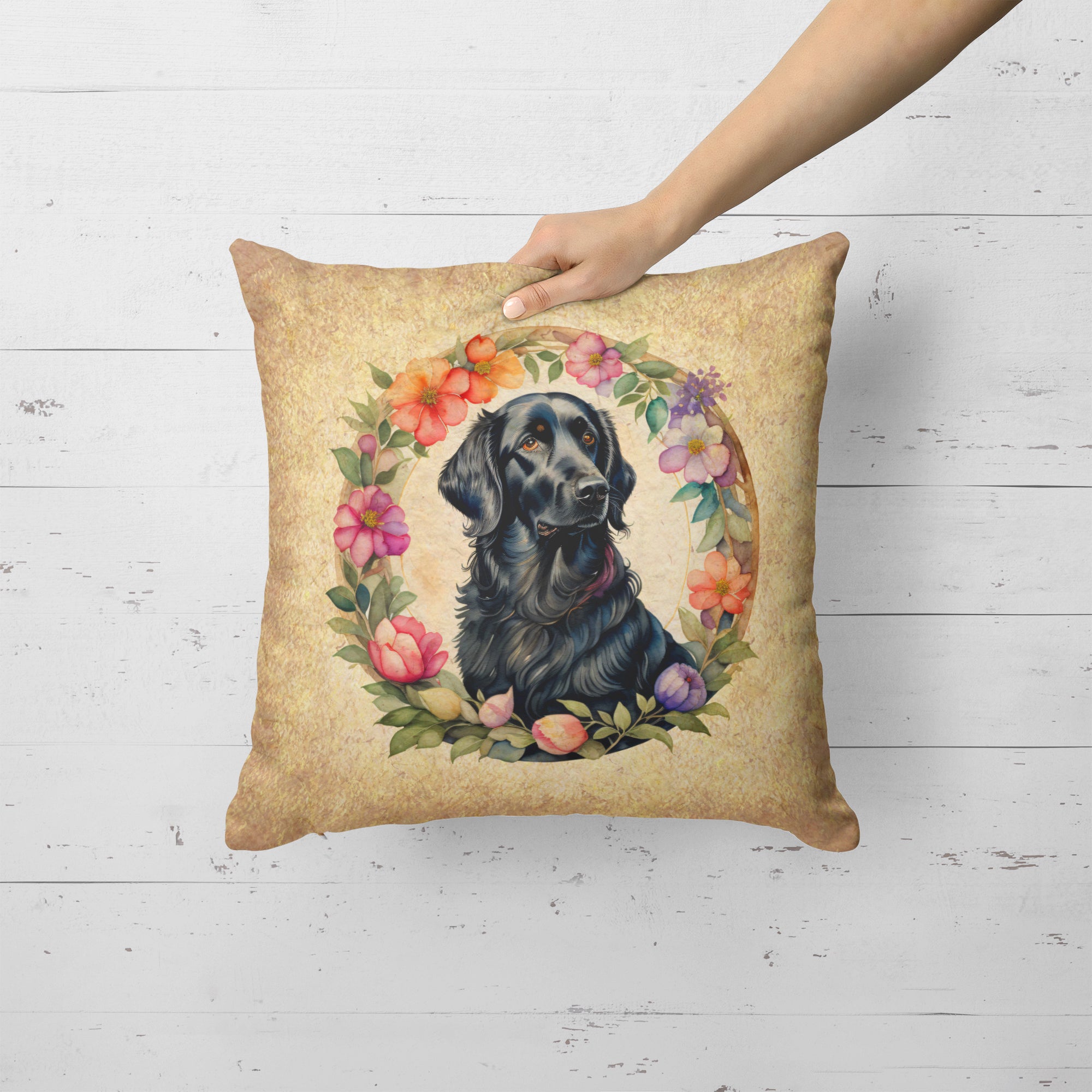 Buy this Flat-Coated Retriever and Flowers Fabric Decorative Pillow