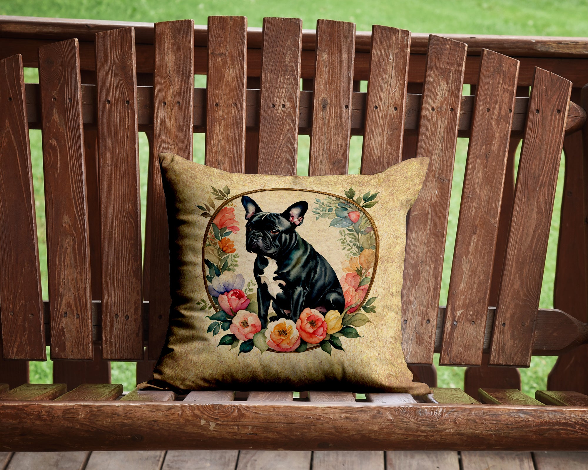 Buy this Black French Bulldog and Flowers Fabric Decorative Pillow