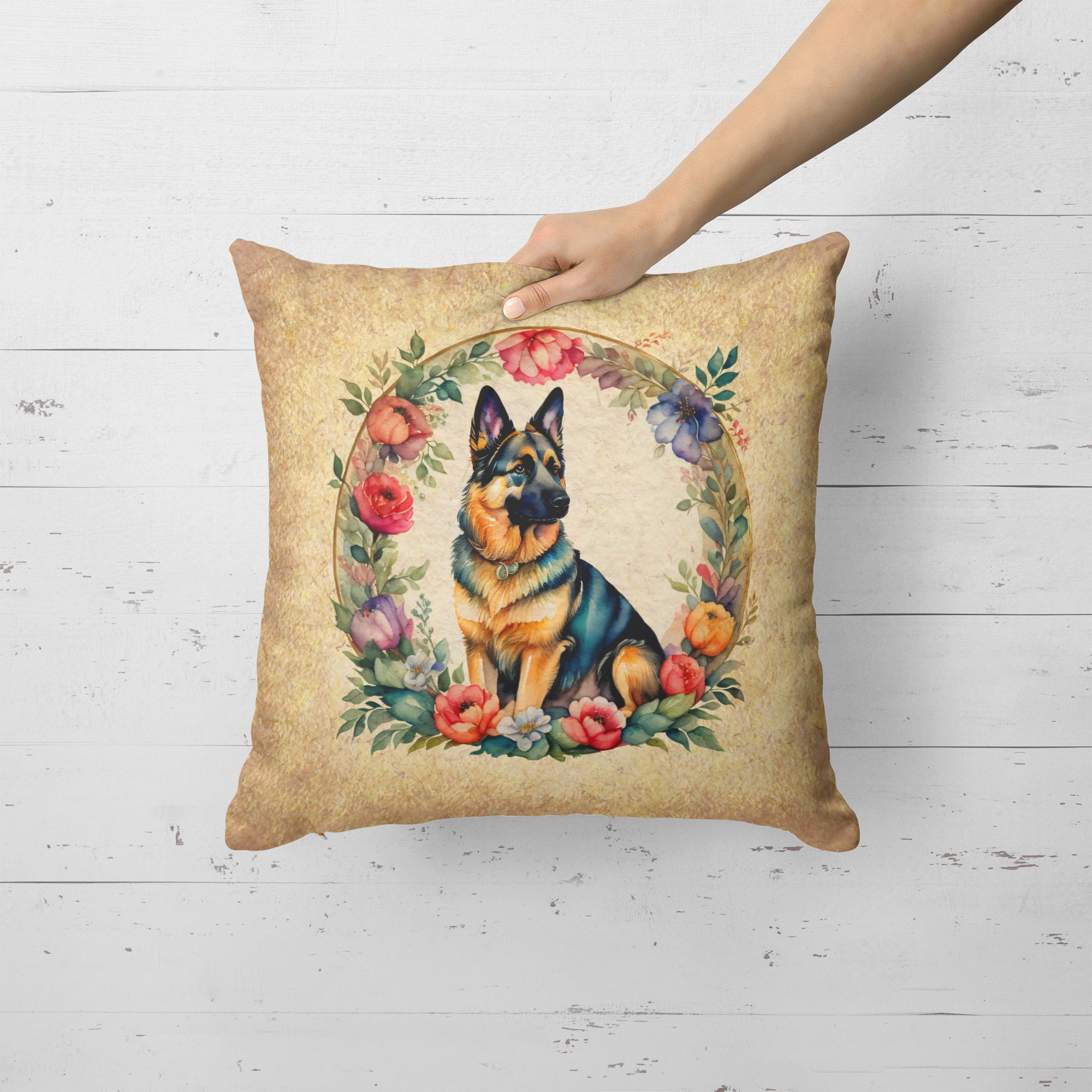 Buy this German Shepherd and Flowers Fabric Decorative Pillow