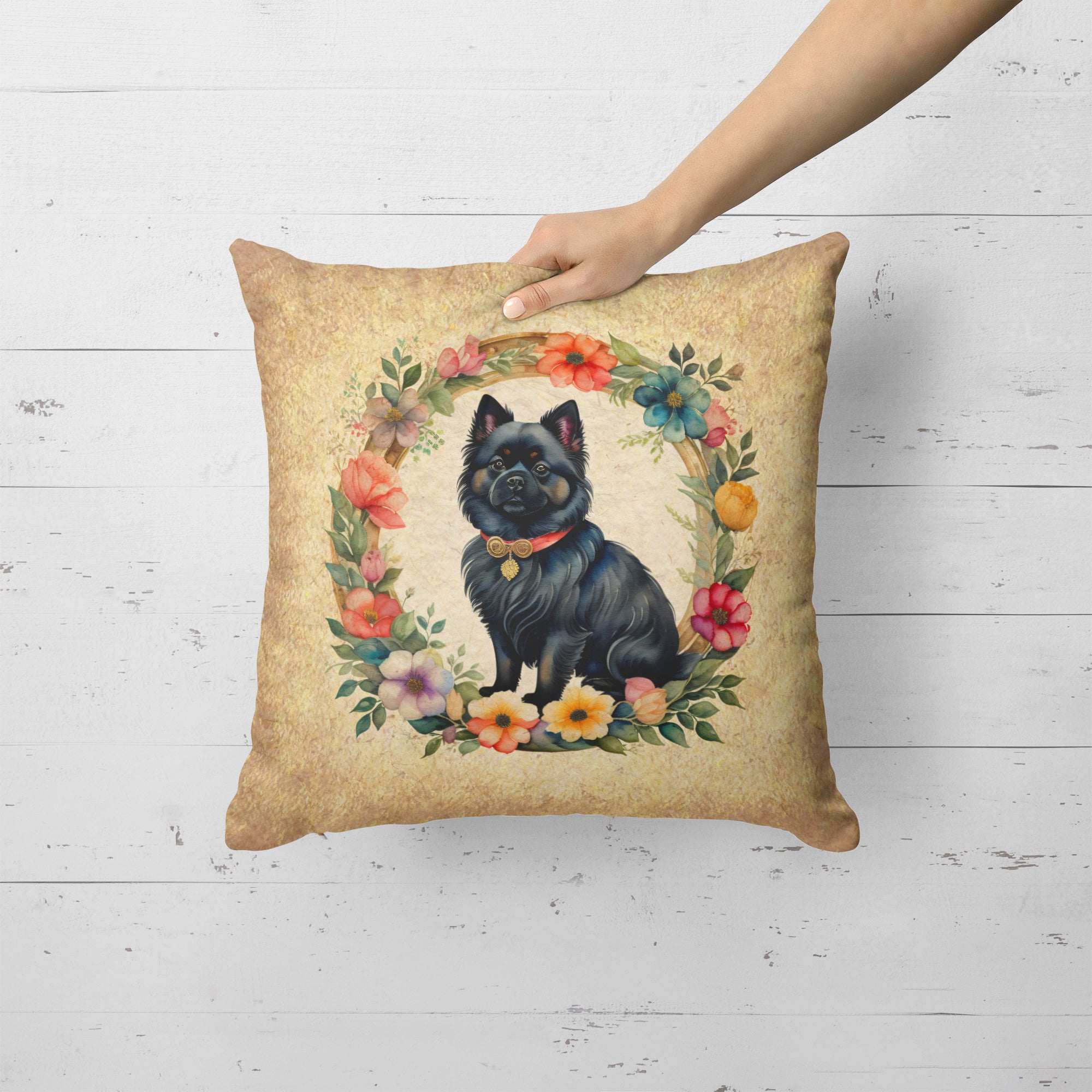 German Spitz and Flowers Fabric Decorative Pillow